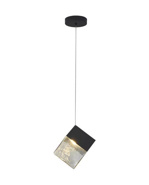 Bethel International 1 Light in Black Cubed Pendant With A Clear Distorted Glass Shade Model: GL445P8BK