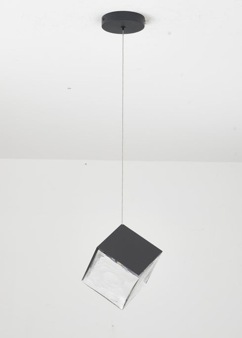 Bethel International 1 Light in Black Cubed Pendant With A Clear Distorted Glass Shade Model: GL445P8BK