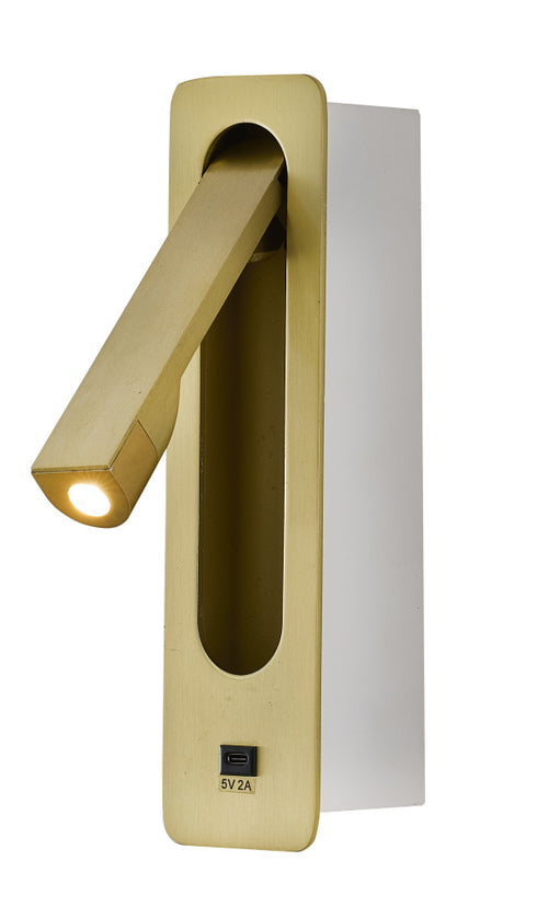 Bethel International 1 Light in Satin Brass Metal LED Wall Sconce With One USB Port And A Clear Frosted Lens Model: BTG104BR