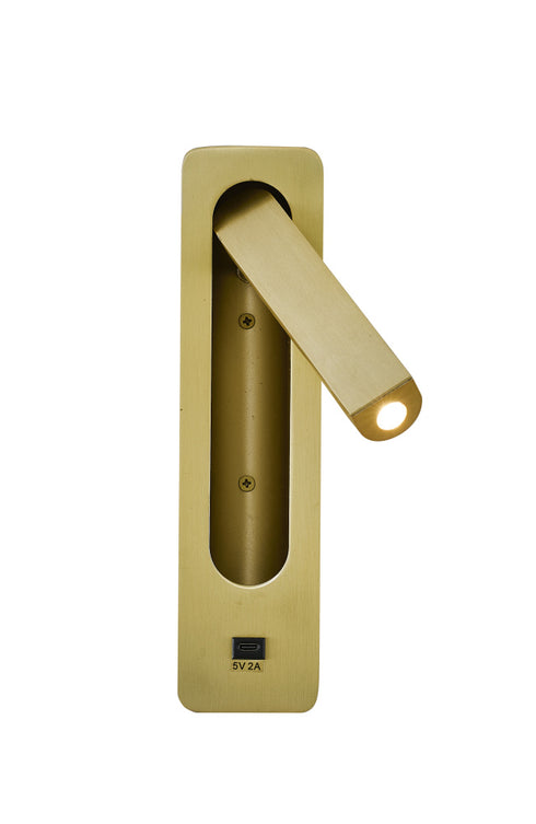 Bethel International 1 Light in Satin Brass Metal LED Wall Sconce With One USB Port And A Clear Frosted Lens Model: BTG104BR