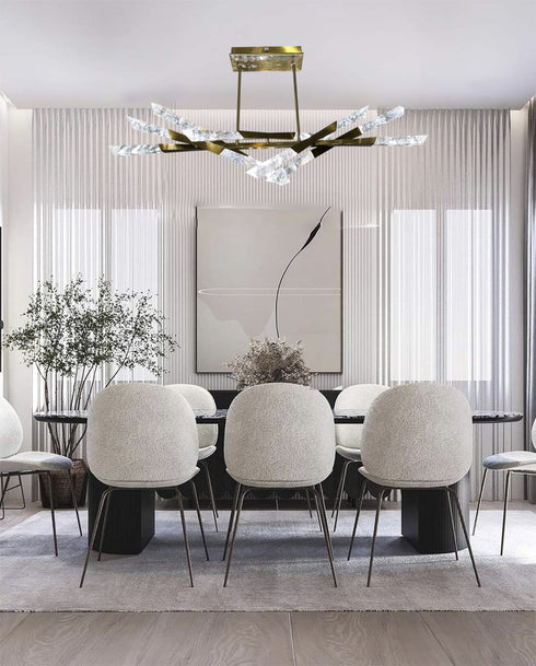 Bethel International 12 Light Dimmable in Satin Brass Stainless Steel LED Chandelier With Clear Snowflake Crystals Model: FER01C60BR