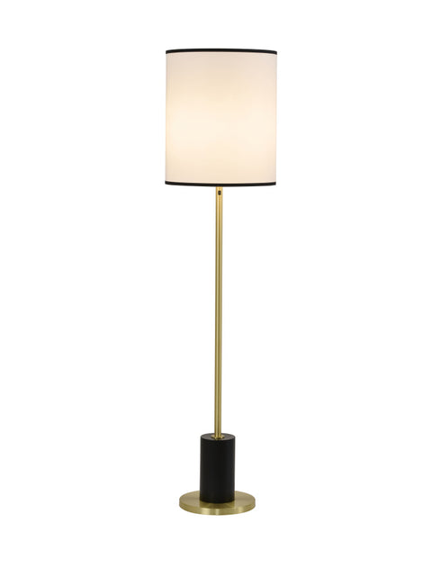Bethel International 2 Light Black And Satin Brass Floor Lamp With A White Linen Shade in Black & Satin Brass Finish Model: BTG101BR