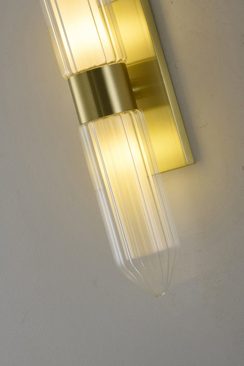 Bethel International 2 Light in Satin Brass Wall Sconce With Clear Glass And White Acrylic Shades Model: BLT101W18BR