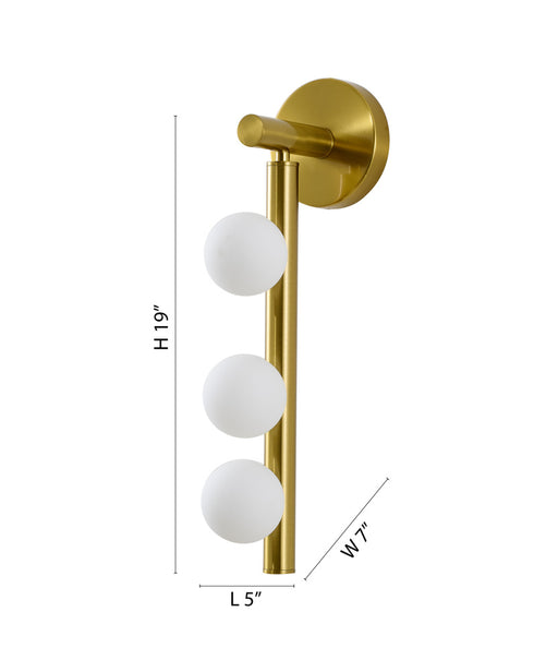 Bethel International 3 Light in Satin Brass Metal Wall Sconce With White Glass Shades Model: WG02W19BR