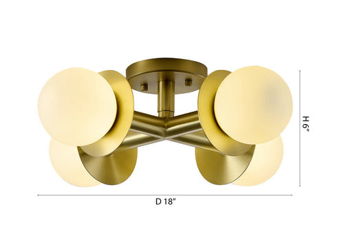Bethel International 4 Light in Satin Brass Flush Mount With White Glass Globe Shades Model: BLT106C18BR