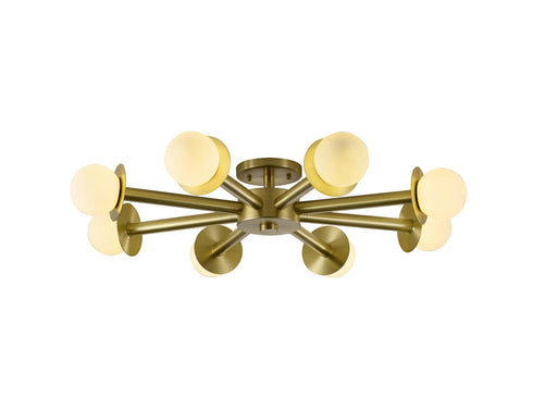 Bethel International 8 Light in Satin Brass Flush Mount With White Glass Globe Shades Model: BLT106C36BR