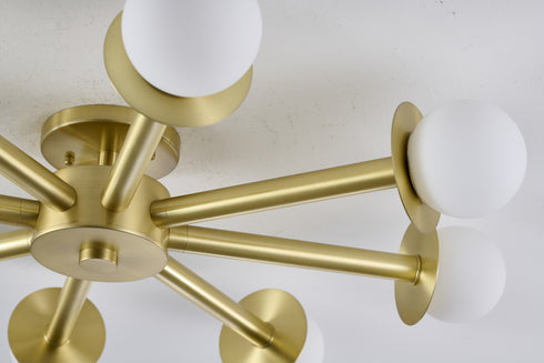 Bethel International 8 Light in Satin Brass Flush Mount With White Glass Globe Shades Model: BLT106C36BR