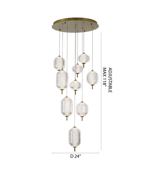 Bethel International 9 Light Flushed in Brass Dimmable LED Chandelier With Hanging Clear PC shades Model: GL454C24BR