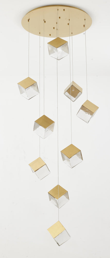 Bethel International 9 Light in Brass Cubed Chandelier With A Clear Distorted Glass Shades Model: GL446C27BR