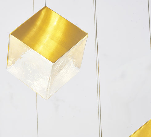 Bethel International 9 Light in Brass Cubed Chandelier With A Clear Distorted Glass Shades Model: GL446C27BR