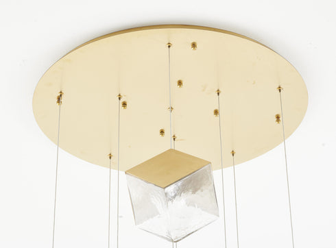 Bethel International 9 Light in Brass Cubed Chandelier With A Clear Distorted Glass Shades Model: GL446C27BR