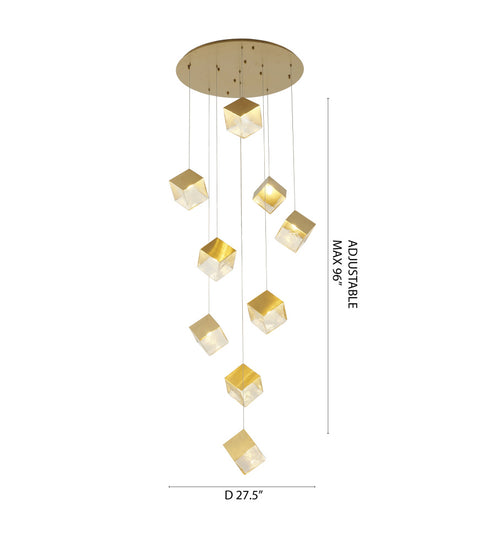 Bethel International 9 Light in Brass Cubed Chandelier With A Clear Distorted Glass Shades Model: GL446C27BR