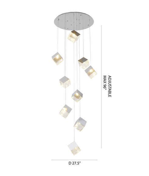 Bethel International 9 Light in Chrome Cubed Chandelier With A Clear Distorted Glass Shades Model: GL446C27CH