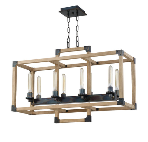 Craftmade Cubic 8 Light Linear Chandelier in Fired Stee Natural Wood Finish Model: 41528-FSNW