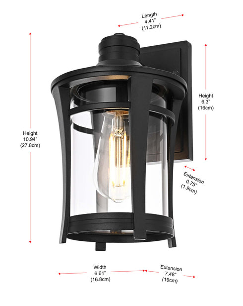 Elegant Lighting 1 Light Artemis 11 inch Outdoor Wall sconce in Black in Black and Clear Finish Model: OD609W11BK