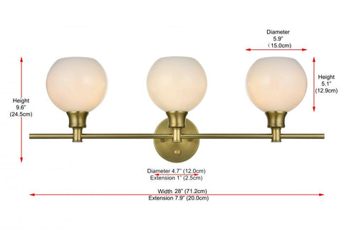 Elegant Lighting 3 Light Collier 3 Light in Satin Gold and Frosted White Glass Wall Sconce Model: LD2319SG