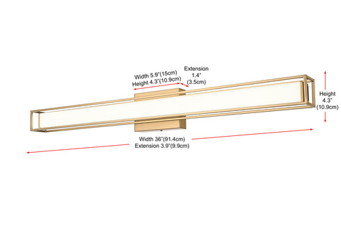 Elegant Lighting Aden 1 Light Wall Sconce L36 Inch E4.5 Inch H4.3 Inch LED 24 Watt 3CCT in Satin Gold Model: LD301W36SG