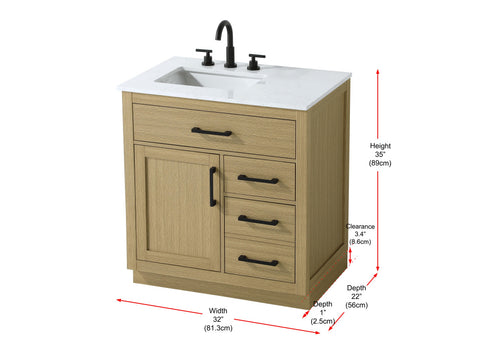 Elegant Lighting Alden Vanity Cabinet 1Dr3Dw 32 Inch W x 22 Inch D x 35 Inch H in Honey Brown Model: VF29732MHB
