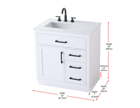 Elegant Lighting Alden Vanity Cabinet 1Dr3Dw 32 Inch W x 22 Inch D x 35 Inch H in White Model: VF29732WH