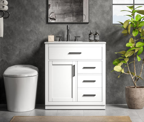 Elegant Lighting Alden Vanity Cabinet 1Dr3Dw 32 Inch W x 22 Inch D x 35 Inch H in White Model: VF29732WH
