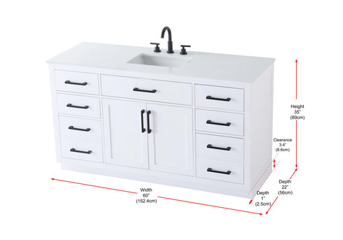 Elegant Lighting Alden Vanity Cabinet 2Dr7Dw 60 Inch W x 22 Inch D x 35 Inch H in White Model: VF29760WH