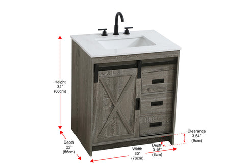 Elegant Lighting Austin Vanity Cabinet 1Dr 2Dw 30 Inch x34 Inch x22 Inch in Rustic Grey Model: VF90530RG