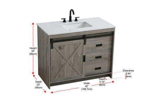 Elegant Lighting Austin Vanity Cabinet 1Dr 2Dw 42 Inch x34 Inch x22 Inch in Rustic Grey Model: VF90542RG