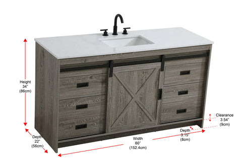 Elegant Lighting Austin Vanity Cabinet 1Dr 4Dw 60 Inch x34 Inch x22 Inch in Rustic Grey Model: VF90560RG