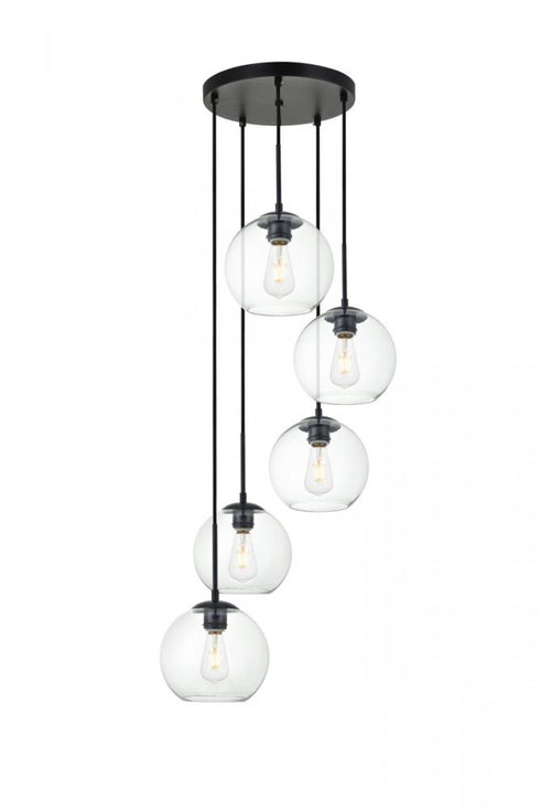Elegant Lighting Baxter 5 Lights Black Pendant With Clear Glass in Black and Clear Finish Model: LD2226BK