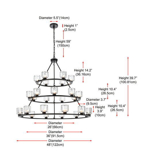 Elegant Lighting Cadence Pendant Light D48 Inch +36 Inch +26 Inch G9 Lt27 40 Watt Black in Black and Clear Finish Model: 5100L348BK