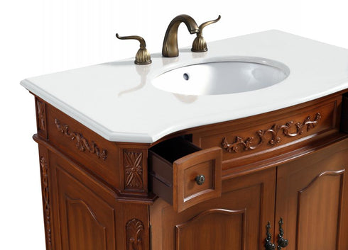 Elegant Lighting Danville 36 Inch Single Bathroom Vanity in Brown with Ivory White Engineered Marble in Teak Finish Model: VF10536BR-VW