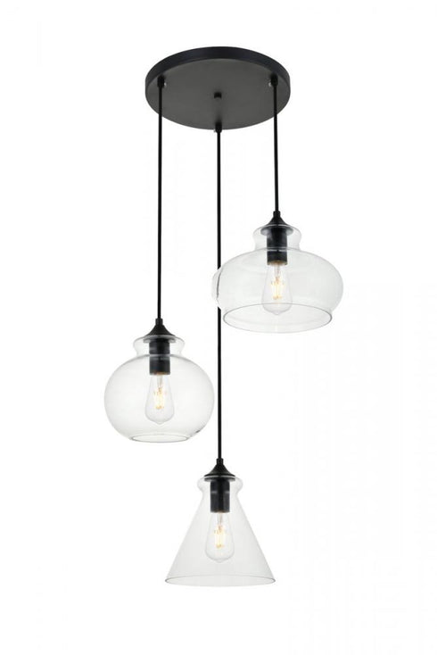 Elegant Lighting Destry 3 Lights Black Pendant With Clear Glass in Black and Clear Finish Model: LD2247BK