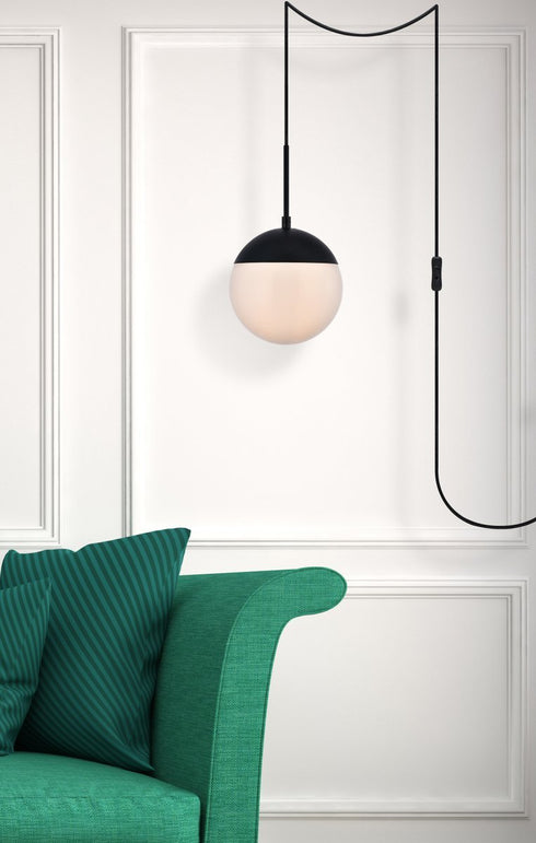 Elegant Lighting Eclipse 1 Light Black plug in pendant With Frosted White Glass in Black and Frosted White Finish Model: LDPG6026BK