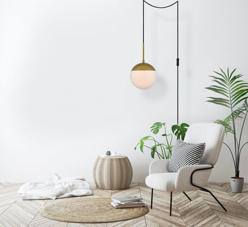 Elegant Lighting Eclipse 1 Light Brass plug in pendant With Frosted White Glass in Brass and Frosted White Finish Model: LDPG6030BR