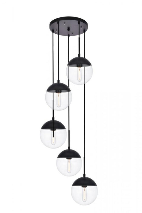 Elegant Lighting Eclipse 5 Lights Black Pendant With Frosted White Glass in Black and Frosted White Finish Model: LD6074BK