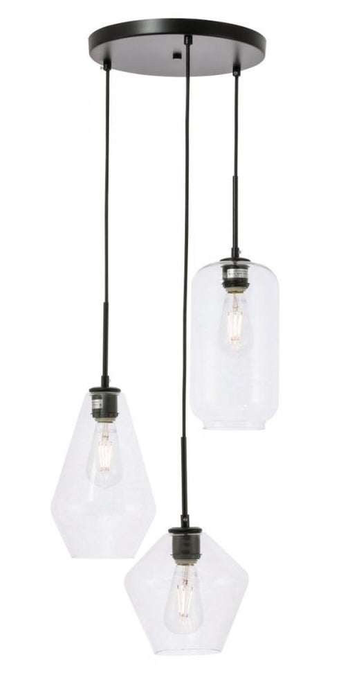 Elegant Lighting Gene 3 light in Black and Clear glass pendant Model: LD2268BK