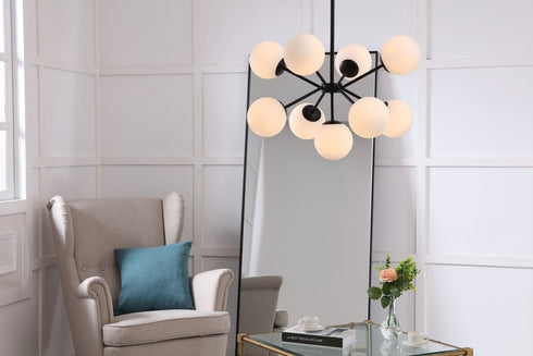 Elegant Lighting Jupiter 9 light in Black and Frosted White glass pendant Model: LD5028D27BK