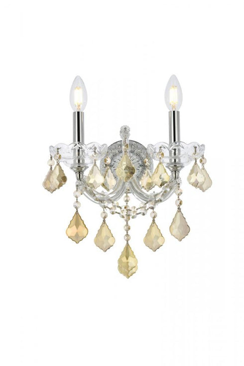 Elegant Lighting Maria Theresa 2 light in Chrome Wall Sconce Golden Teak (Smoky) Royal Cut Crystal Model: 2800W2C-GT/RC