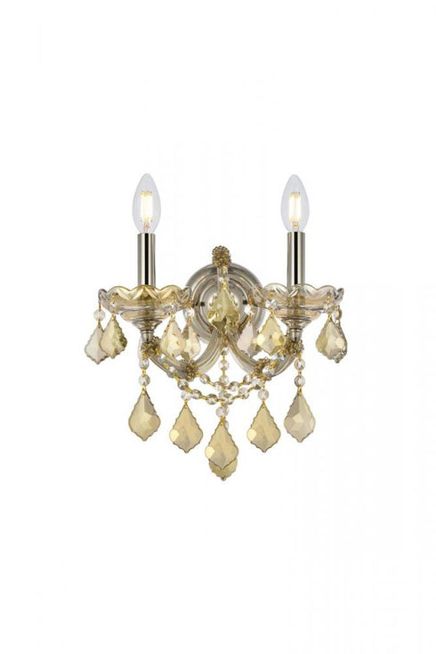 Elegant Lighting Maria Theresa 2 light in Chrome Wall Sconce Golden Teak (Smoky) Royal Cut Crystal Model: 2800W2C-GT/RC