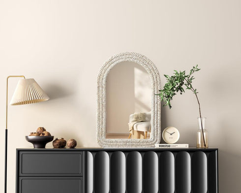 Elegant Lighting Marlowe Arch Cornhusk Mirror 24x36 Inch in Linen White Model: MR4G2436LN