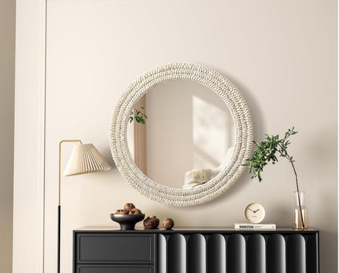 Elegant Lighting Marlowe Round Cornhusk Mirror 30x30 Inch in Linen White Model: MR4B30LN