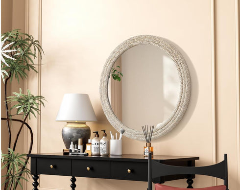 Elegant Lighting Marlowe Round Cornhusk Mirror 42x42 Inch in Linen White Model: MR4B42LN