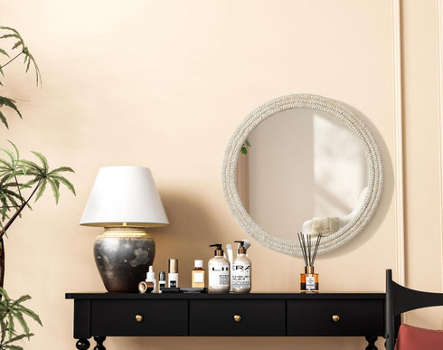 Elegant Lighting Marlowe Round Cornhusk Mirror 42x42 Inch in Linen White Model: MR4B42LN