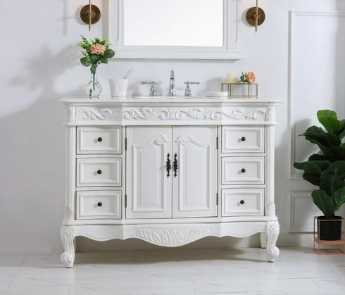 Elegant Lighting Oakland 48 Inch Single Bathroom Vanity in Antique White with Ivory White Engineered Marble Model: VF38848AW-VW