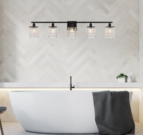 Elegant Lighting Phineas 5 lights bath sconce in black with clear crystals in Black and Clear Finish Model: LD7014BK