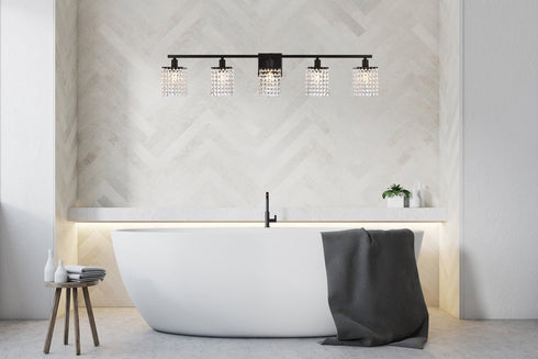 Elegant Lighting Phineas 5 lights bath sconce in black with clear crystals in Black and Clear Finish Model: LD7014BK