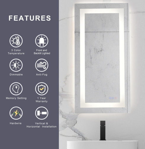 Elegant Lighting Riven 2 Strip Light LED Mirror W30 H40 3000 6000K Dim in White Finish Model: MRE83040