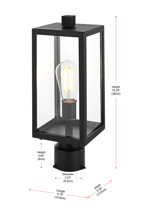 Elegant Lighting Veda 15 inch Outdoor Post light in Black in Black and Clear Finish Model: OD608P15BK