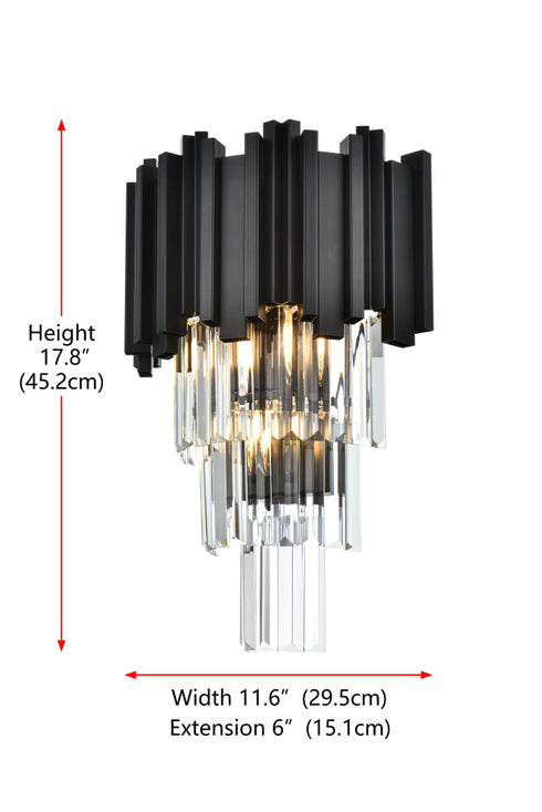 Elegant Lighting Willow 3 Light Wall Sconce W12 Inch H18 Inch L2 Black in Black and Clear Finish Model: 3400W12BK