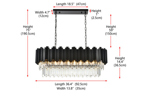 Elegant Lighting Willow 9 Light Pendant L36.5 Inch W14 Inch H14 Inch L9 Black in Black and Clear Finish Model: 3401G36BK